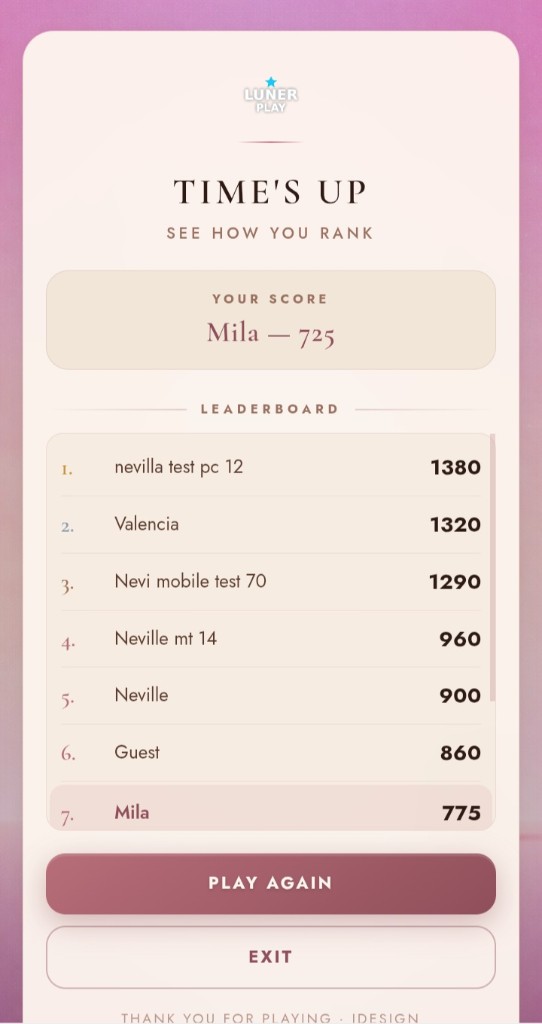 LUNER Leaderboard screen